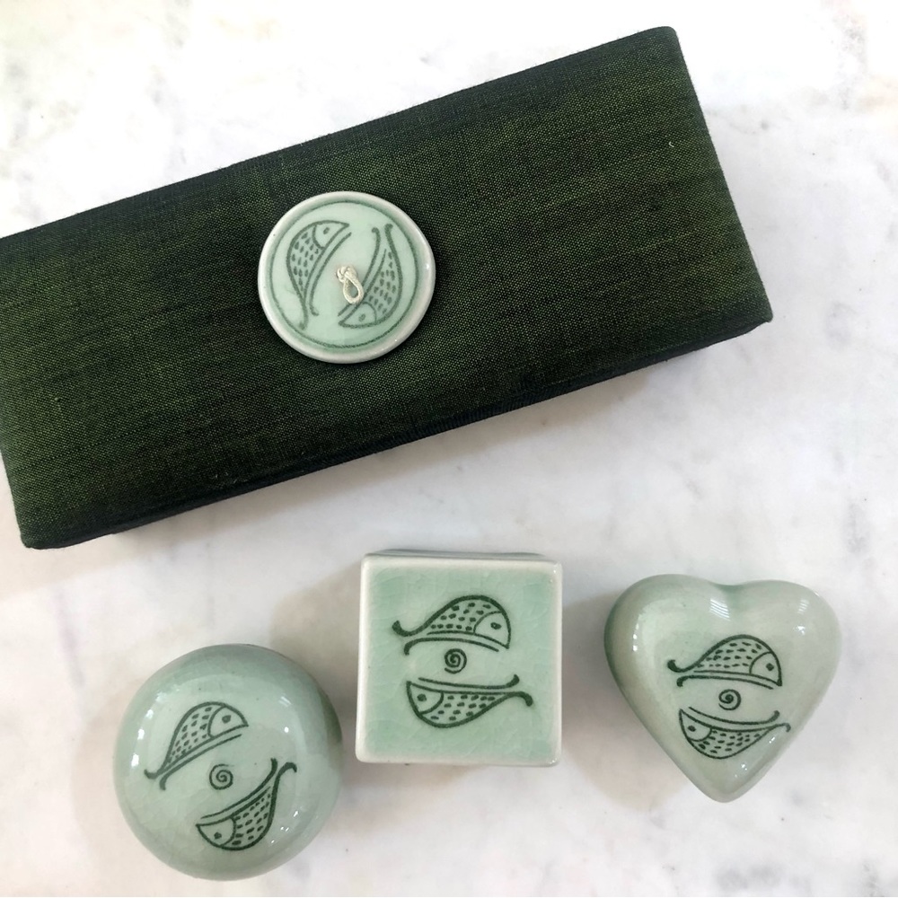 Sangkhalok Celadon Ceramic Trinket Box Set | Vintage Thai Pottery | Fish Design